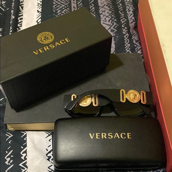 Versace Unisex Black Sunglasses with Gold Medallions